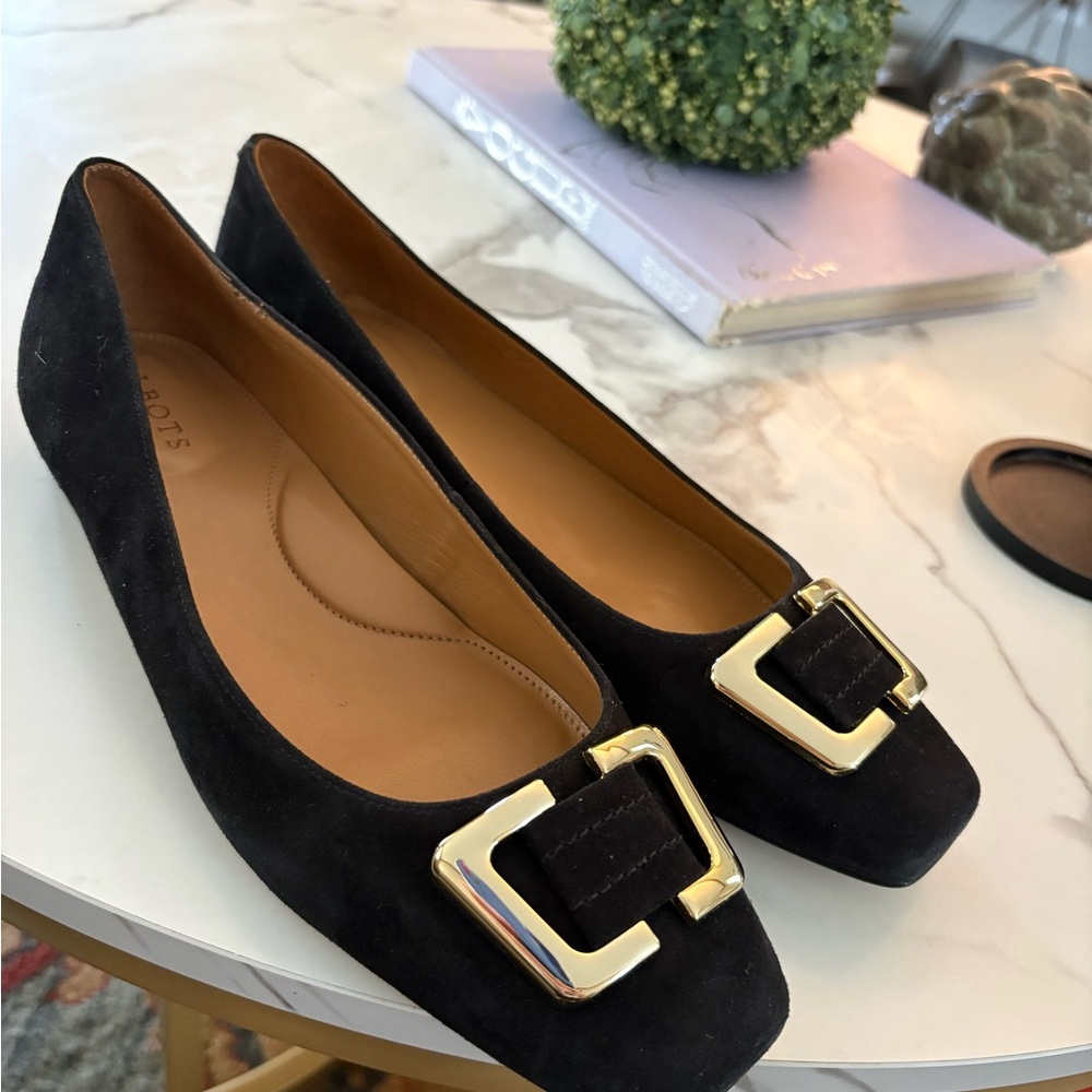 Talbots Black Suede Square-Toe Flats with Gold Buckle